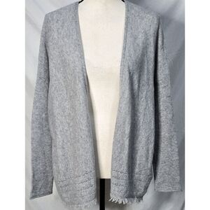 100% Cashmere Knit Velvet By Graham & Spencer Cardigan Sweater Gray Fringe